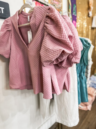 Blush Pink Seaside Bliss Polka Dot Textured Puff Sleeve V Neck Top