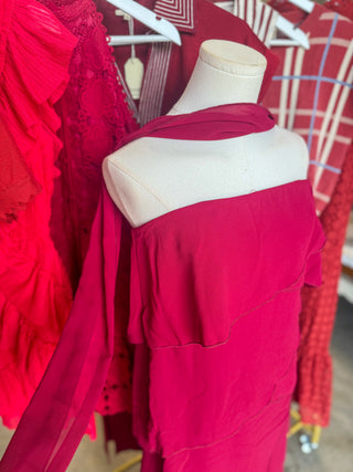 Wine Ruffled Romance Maxi Dress W/ Neck Scarf