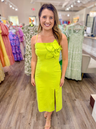 Lime Green Blooming Elegance Linen Midi Dress