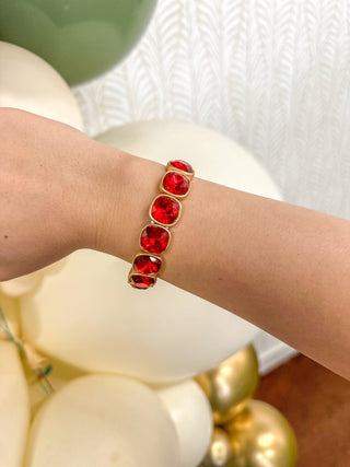 Red Squared Crystal & Gold Stretch Bracelet