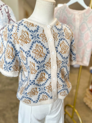 Ivory & Blue Subtle Floral Button-Up Short Sleeve Sweater