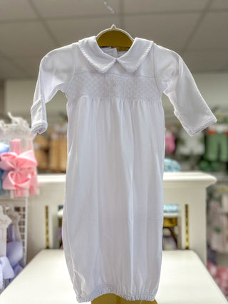 White Blessed Smocked Collared Long Sleeve Gown