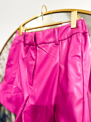 Fuchsia Hot to Go High Waist Wide Faux Leather Shorts