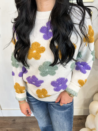 Flower Embroidery Mardi Gras Sweater