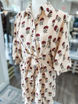 Ecru Floral Whispers Tie Waist Mini Dress