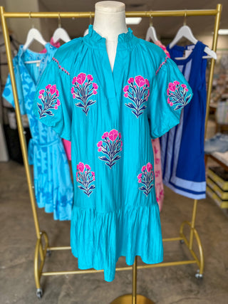 Aqua Cottage Bloom Embroidered Bubble Sleeve Mini Dress