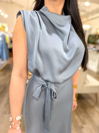The Slate Blue Daydream Drape Satin Midi Dress