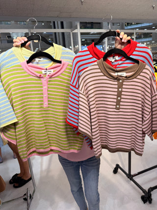 Chocolate Strawberry Striped Short Sleeve Henley Knit Top