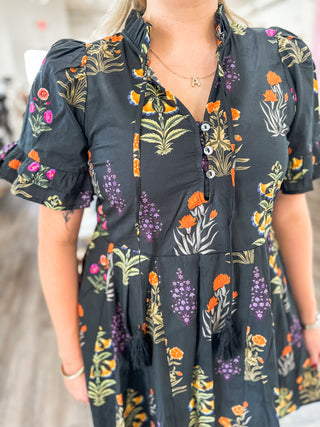 Black Whimsy Blooms Mini Dress