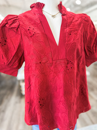 Red Everleaf Eyelet Short Sleeve V-Neck Top