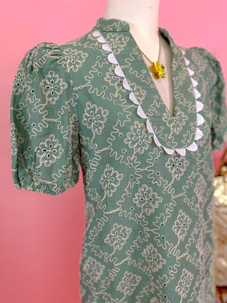 Sage Heirloom Scallop Mini Dress