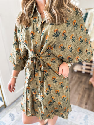 Olive Floral Whispers Tie Waist Mini Dress