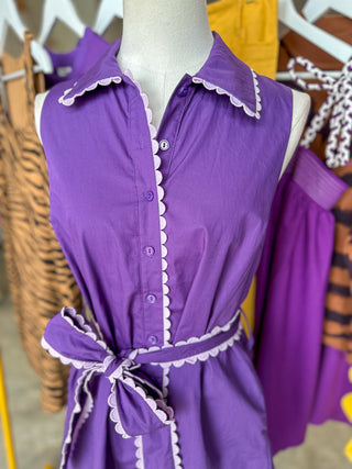 Purple Petal Scallop Belted Mini Dress
