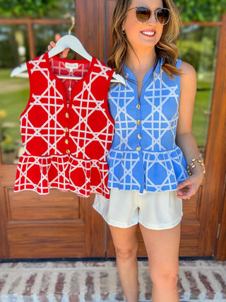 Red Delicate Lines Gold Button Peplum Top