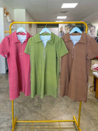 Brick Go-To Polka Dot Half Zip Mini Dress