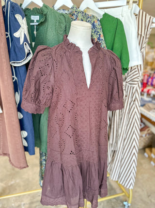 Brown Evelyn Eyelet Mini Dress