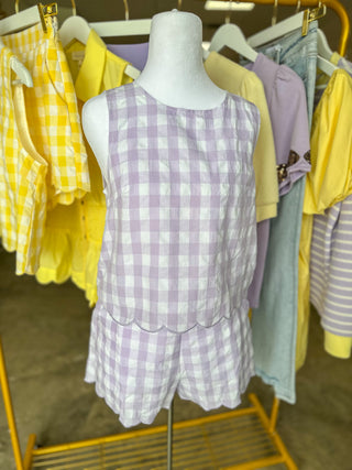 Lavendar & White Sissy's Gingham Scallop Hem Sleeveless Shorts Set