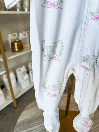 Pink Lamb Print Zipper Footie