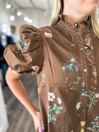 Brown Garden Stroll Ruffle Neck Mini Dress