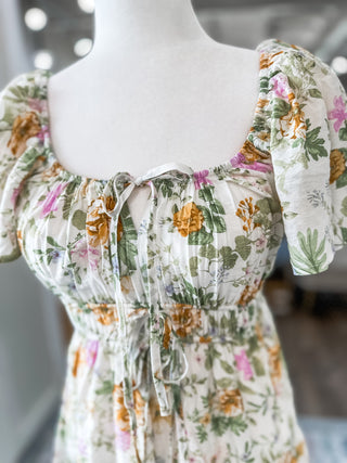 Ivory Floral Splash Front Tie Scoop Neck Mini Dress