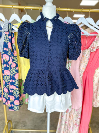 Navy Eloise Eyelet Peplum Top