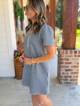 Navy Go-To Gingham Half Zip Mini Dress