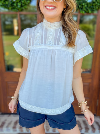White Lace Trimmed Tie Back Top