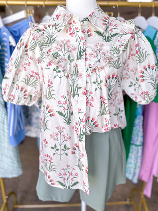 Rose Pink & Green Ditsy Floral Ruffle Defined Collar Top