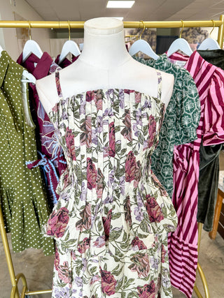 Vintage Violet Garden Pleated Midi Dress