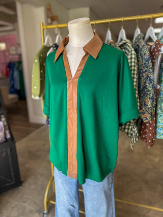 Green Windsor Contrast Collared Top