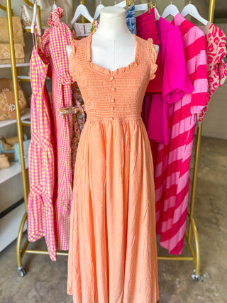 Peachy Sweetheart Smocked Mock Button Midi Dress