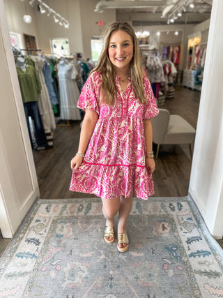 Magenta Ivy Vines Silky Button Detail Dress