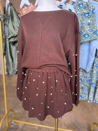 Brown Pearl Charm Long Sleeve Top & Skort Set