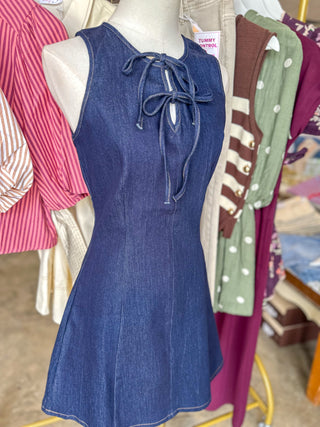 Dark Denim Darling Tie Neck Flare Mini Dress