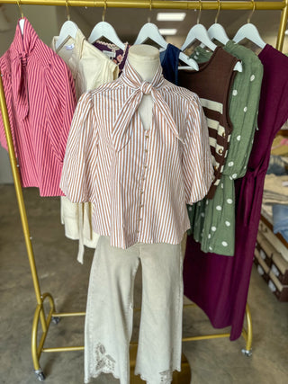Camel Striped Magnolia Bow Button Down Blouse