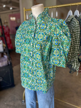 Green & Blue Garden Tile Ruffle Neck Button Down Top