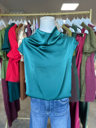 Hunter Green All Dressed Up Satin Cowl Neck Blouse