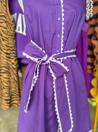 Purple Petal Scallop Belted Mini Dress