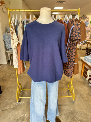 Navy Cloudy Knit 3/4 Sleeve Top