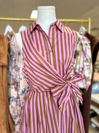 Pink Espresso Striped Tie Waist Midi Dress