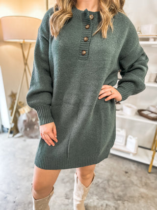 Hunter Green Half Button Long Sleeve Mini Sweater Dress