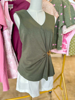 Olive Gathered & Gold V-Neck Top