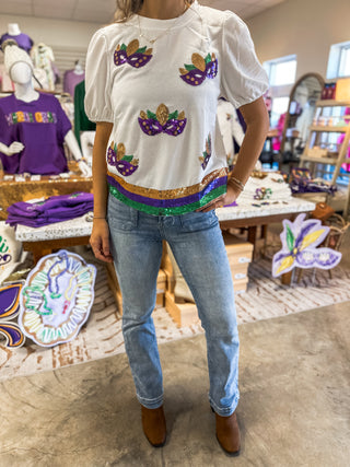 White Mardi Gras Masks & Stripes Puff Sleeve Top