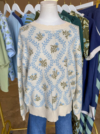 Blue & Sage Willow Floral Jacquard Knit Sweater