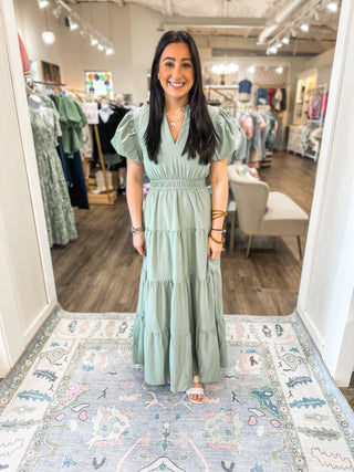 Sage Puff Sleeve V-Neck Maxi Dress