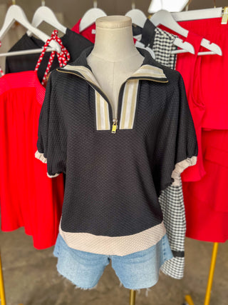 Black & Cream Clubhouse Quarter Zip Mock Neck Top