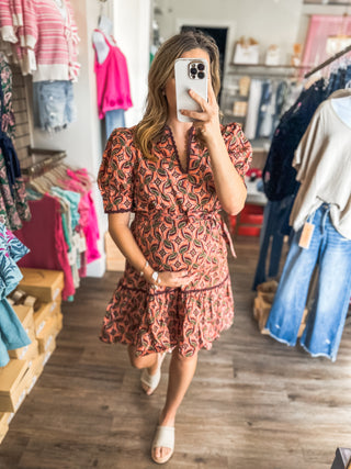 Autumn Mosaic Belted Scallop Trim Mini Dress