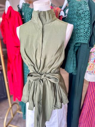 Olive Tailored to Simplicity Tie Waist Sleeveless Top