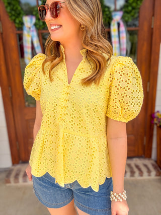 Lemon Yellow Eloise Eyelet Peplum Top