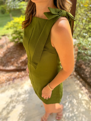 Olive Poised & Polished Straight Neckline Bow Ties Mini Dress